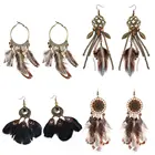 Женские серьги-подвески в этническом стиле, длинные висячие украшения для ушей в стиле бохо с натуральными перьями, аксессуары для свадьбы, юбилея
