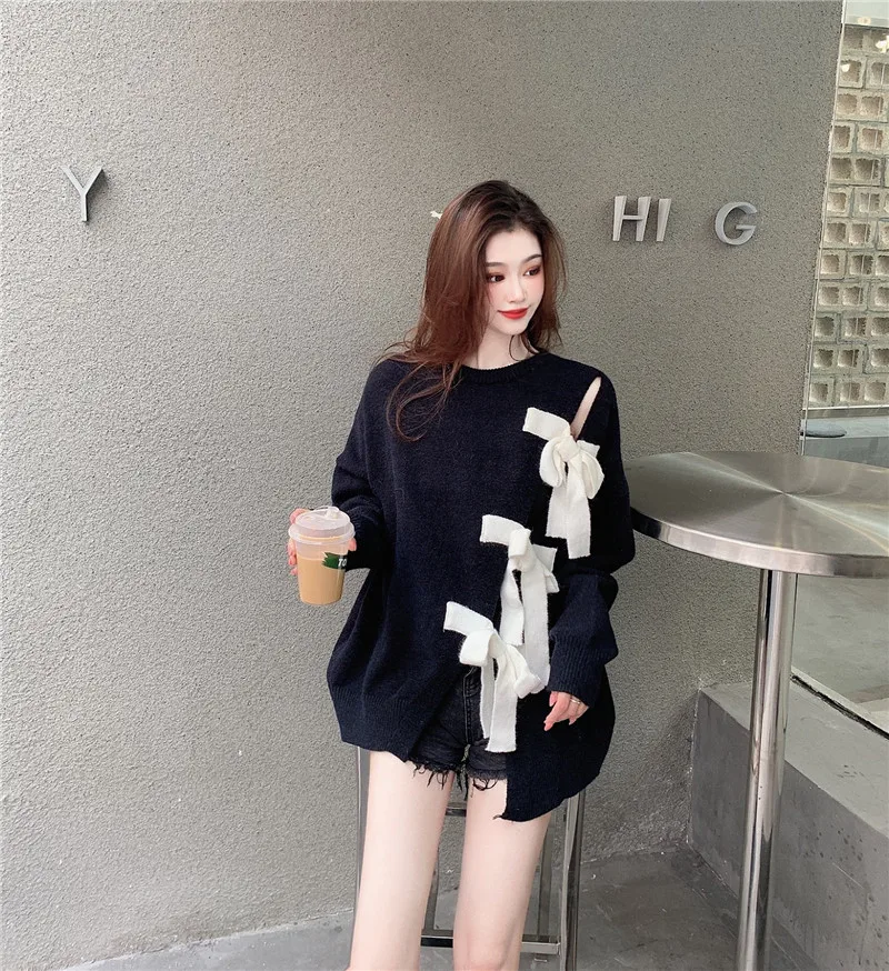 

Fashion Female Sweaters Oversized Split Bowtie Sweater 2020 Autumn Winter New Loose Korean Style Long-sleeved Pullover Chic Top