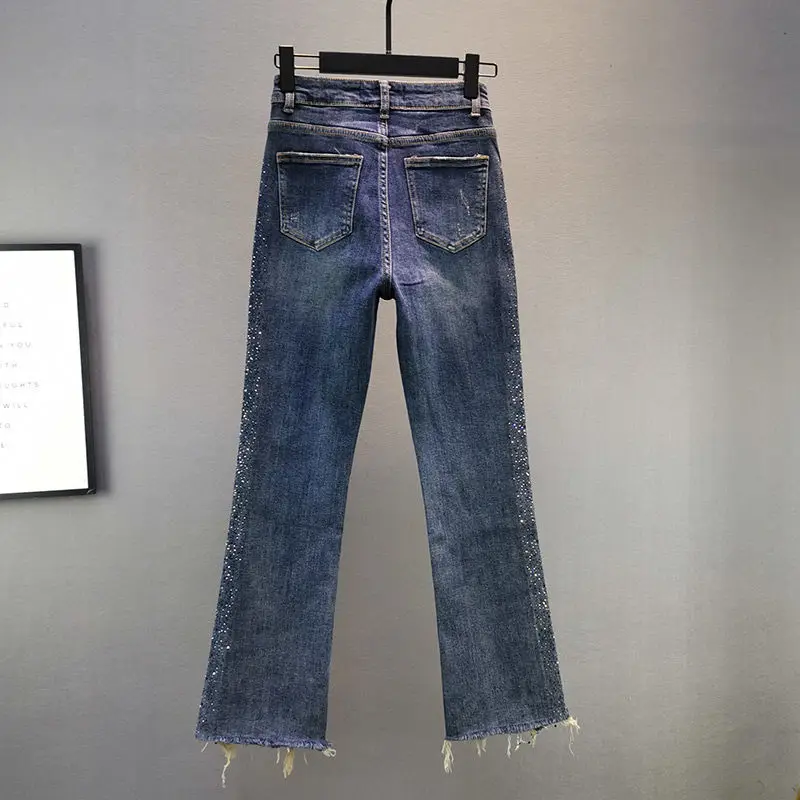 

Heavy industry ironing and drilling jeans women's 2021 spring dress new cotton elastic high waist slim wide leg micro pants