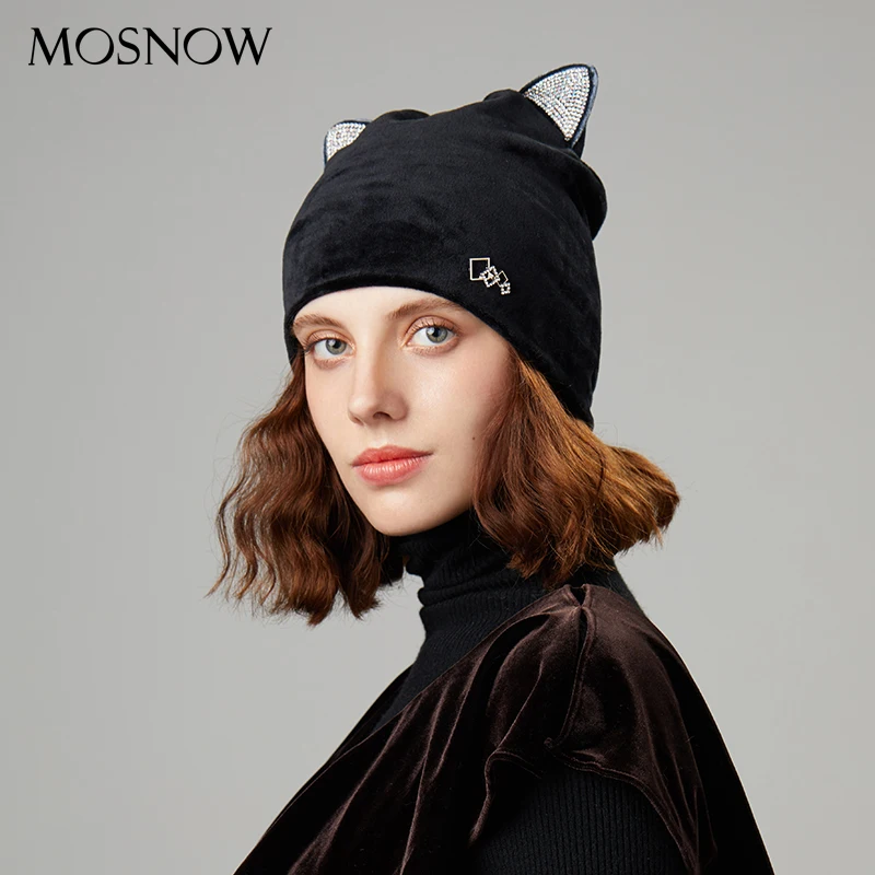 Зимняя женская шапка, s, милая шапочка с кошачьими ушками, Vogue, со стразами, чистый цвет, женские шапки, бренд, осень, для улицы, для девушек, бини, Повседневная шапка