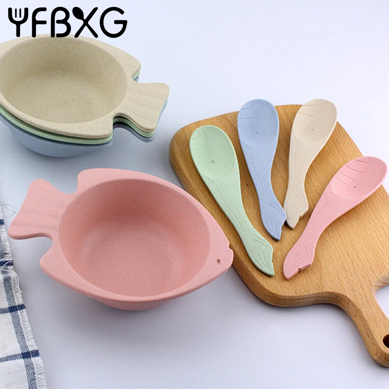 

Cartoon Fish Bowl Spoon Set Wheat Straw Kids Bowl Anti-Fall Baby Feeding Bowl Food Container Dinnerware Kitchen Tableware Set