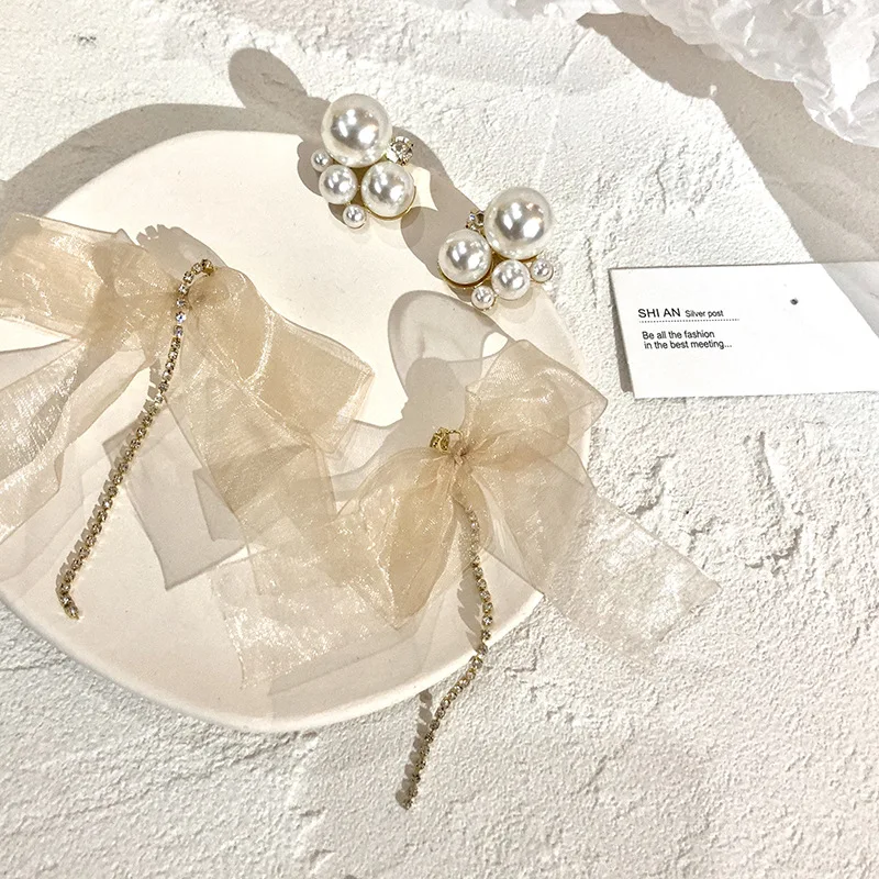 

2021 New Chic Lace Netting Bow Tassels Imitation pearl Temperament Elegant Big Drop Earrings for Women Girls Party Jewelry Gifts