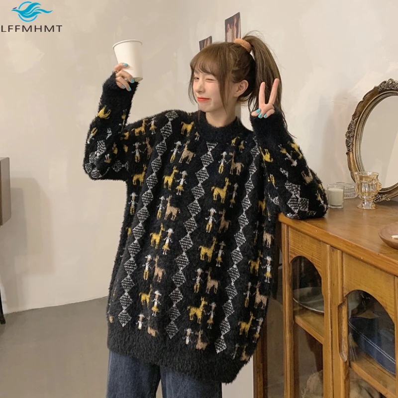 

Winter Autumn Fashion Women Loose Casual Japan Style Vintage Cartoon Jacquard Sweater Round Neck Comic Sweet Pullover Female Top