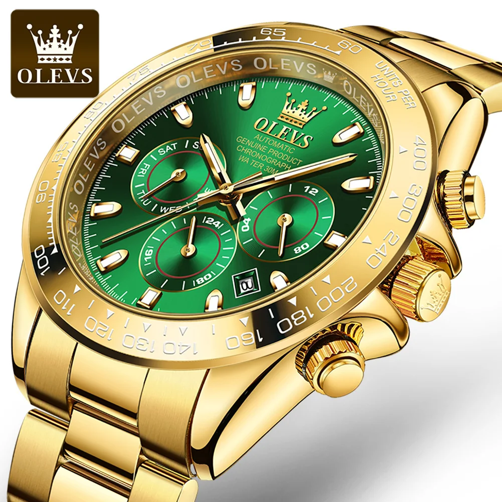 

OLEVS Men's Automatic Watches Waterproof Gold Stainless Steel Strap Green Dial Mechanical Wristwatch For Men Reloj Hombre 6638