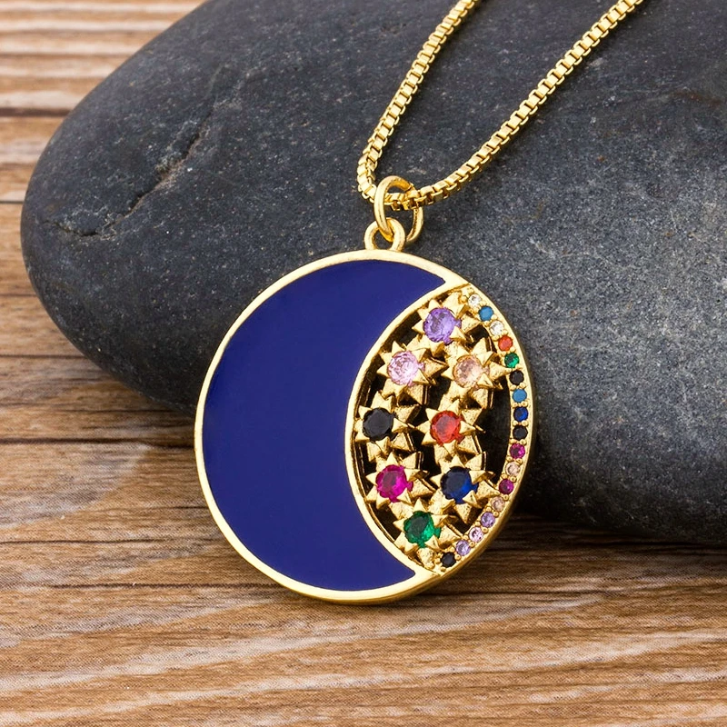 Модное колье чокер Шарм Луна Звезды кулон 3 Цвета выбор медная цепочка из циркона