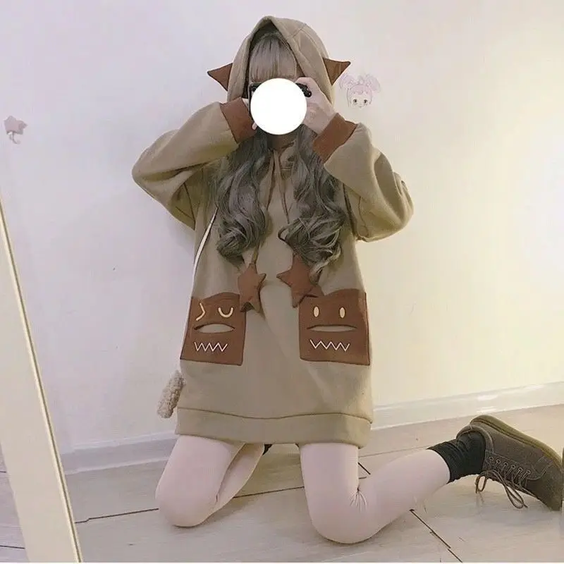 

Японская кавайная толстовка, женские толстовки с капюшоном, бархатная осенне-зимняя новая трендовая корейская мода, свободная куртка с мул...