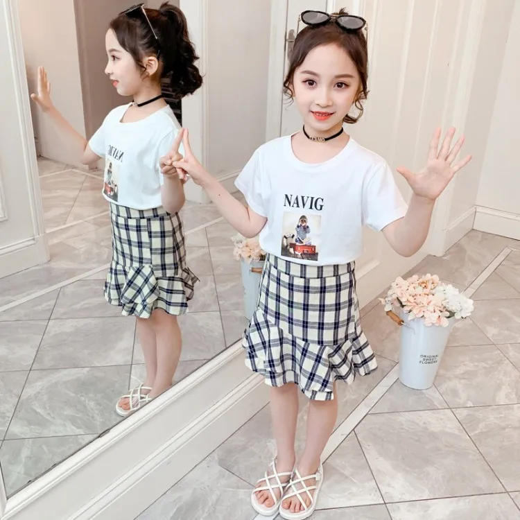 

New Girls Clothes Suit Skirt Kids Fashion Clothes Summer 2020 T-shirt + Plaid Skirt Two-piece Kids Summer Boutique Clothing