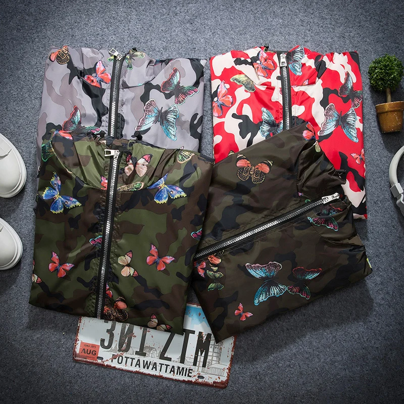 

Men's casual camouflage hooded jacket 2020 new autumn butterfly printed clothes men's hooded windbreaker jacket male jacket 4XL