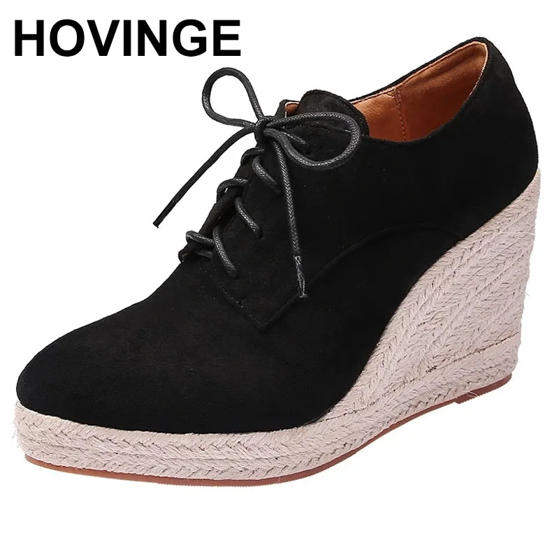 

HOVINGEAutumn and Winter New Women's Wedges Pumps Thick-soled Lace-up Shoes Espadrilles High-heeled Thick-heeled Straw Woven