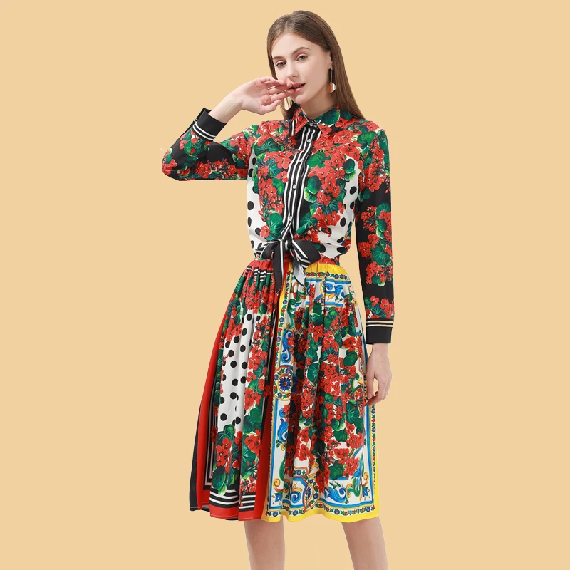 

Designer 2020 Women Spring Summer Long Sleeve Floral Lapel Blouse + Midi Skirt Print Elegant Women New Costume 2 Piece Set