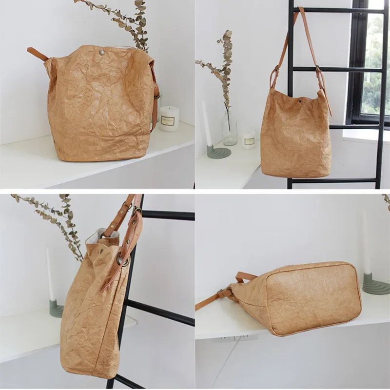 Модные большие мешки-ведра из крафт-бумаги для женщин сумка винтажная