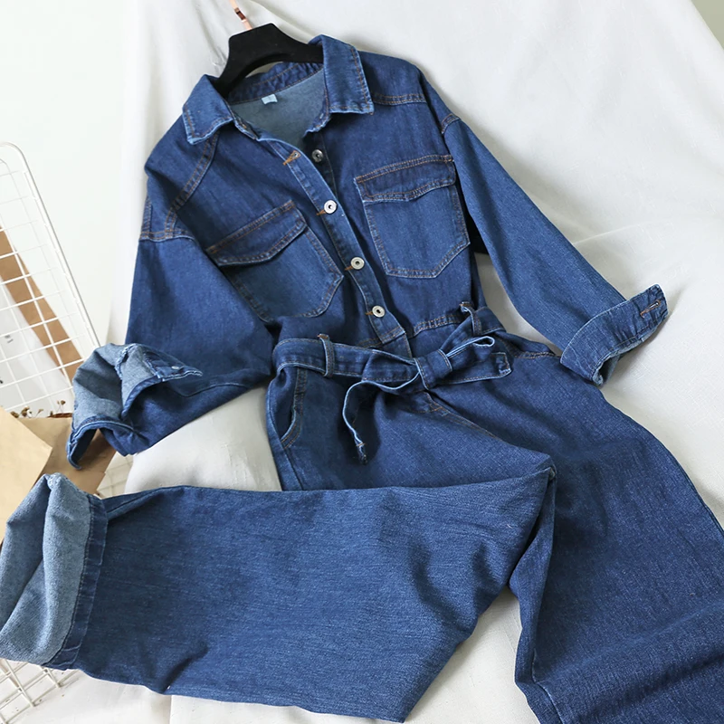 Korean Women Overalls Denim Jumpsuit Students Loose High Waist Jeans Straight Pants Long Sleeve Cowboy Playsuit Rompers