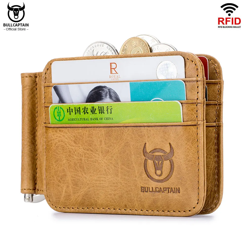 

BULLCAPTAIN Leather tir-flod ID/Credit Card Holder Front Pocket Wallet with RFID Blocking Bifold Business leather month clips