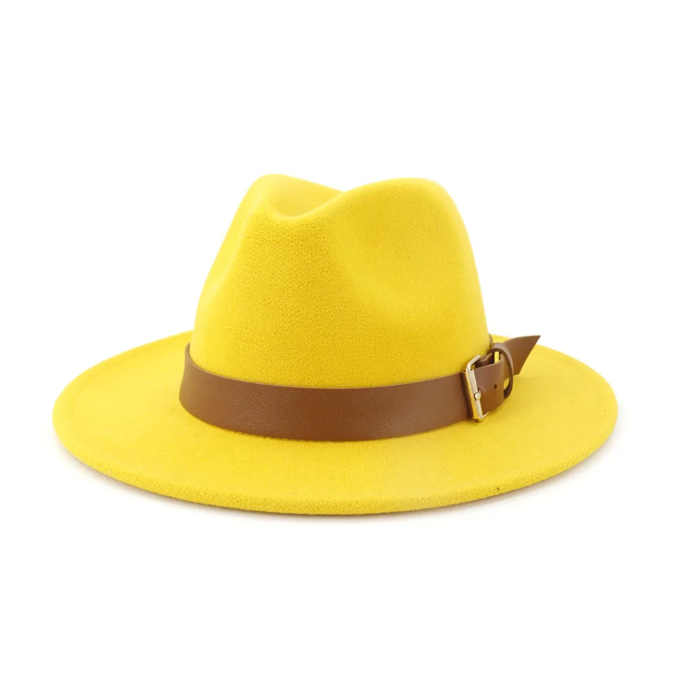 yellow Новинка, Зимняя женская бейсболка с меховым помпоном, элегантная коричневая искусственная кожа, ремешок для мужчин, войлок, джаз, федоры для женщин, 13 цветов - Цвет: yellow