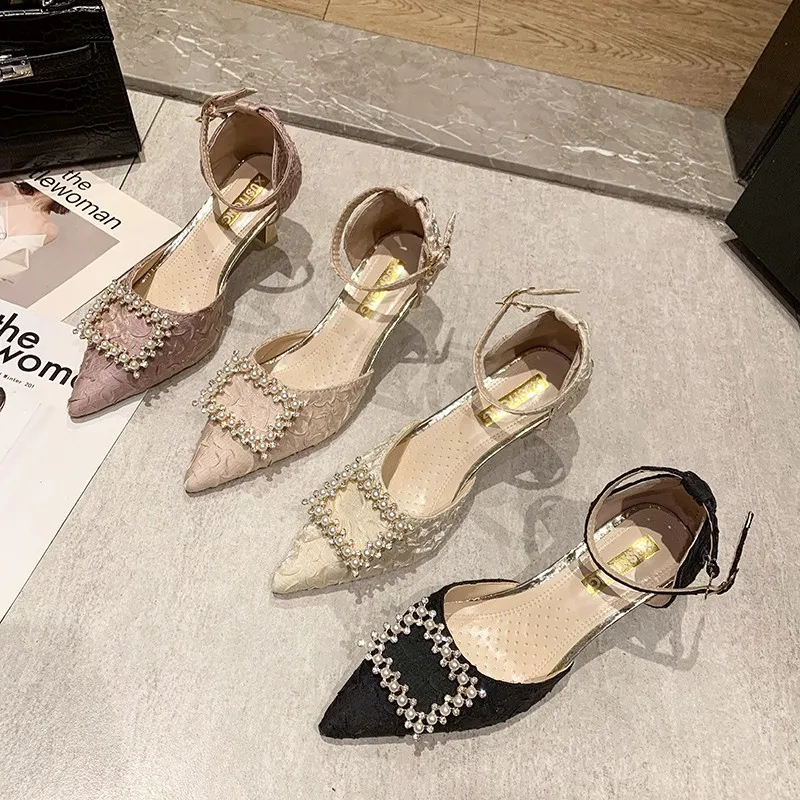 

Fashion Womens Shoes 2021 Closed Toe Sandals Clear Heels Suit Female Beige All-Match Shallow Mouth Luxury Pointed Spring Girls S