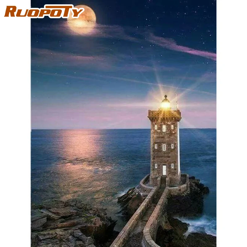 Масляная краска RUOPOTY по номерам маяк с Луной DIY ручная рисование искусство