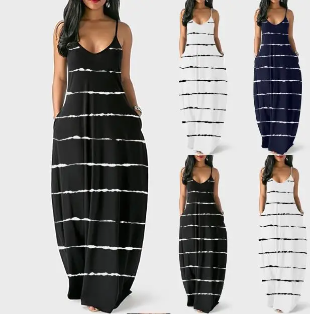 

Women Fashion Sleeveless Stripe Print Dress Summer Stylish V-neck Dress for Ladies Female