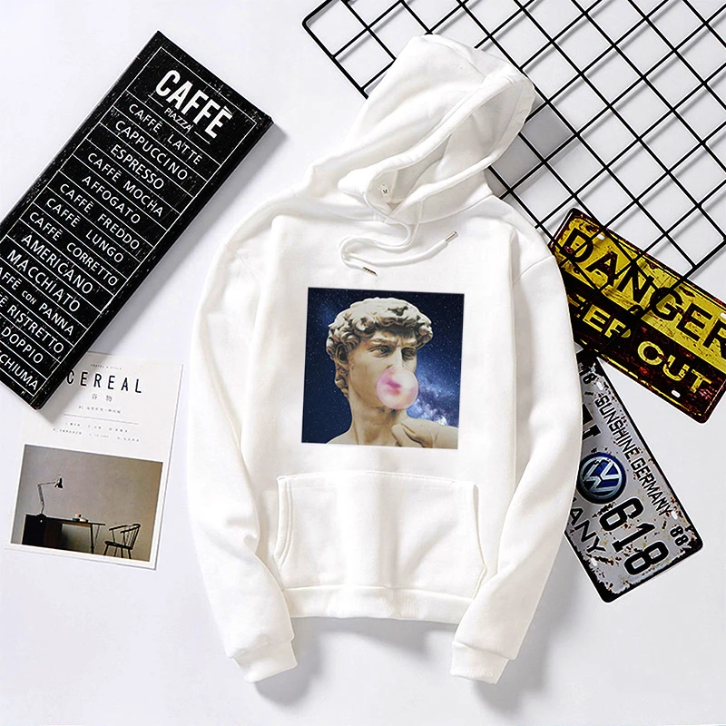 

White Hoodies Tops Women Hoodie Michelangelo Print Sweatshirt Summer Female Oversized Hoodies Short Sleeve Harajuku Clothes