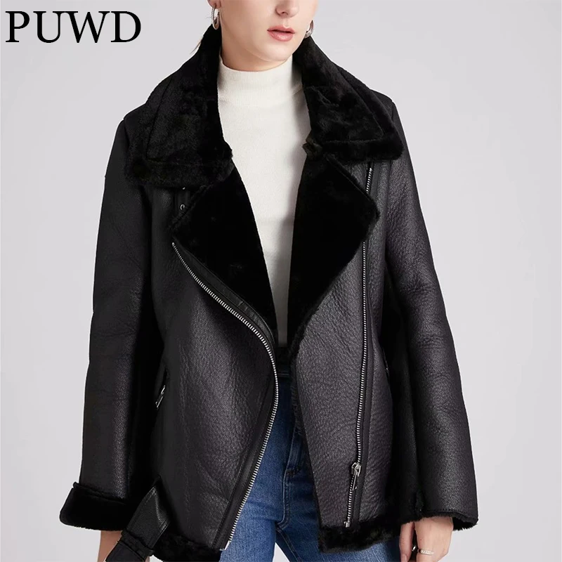 PUWD Loose Women Faux Leather Fur Thick Jacket Winter 2021 Leisure Streetwear Buckle Belt Locomotive  Cool Warm  Female Outwear