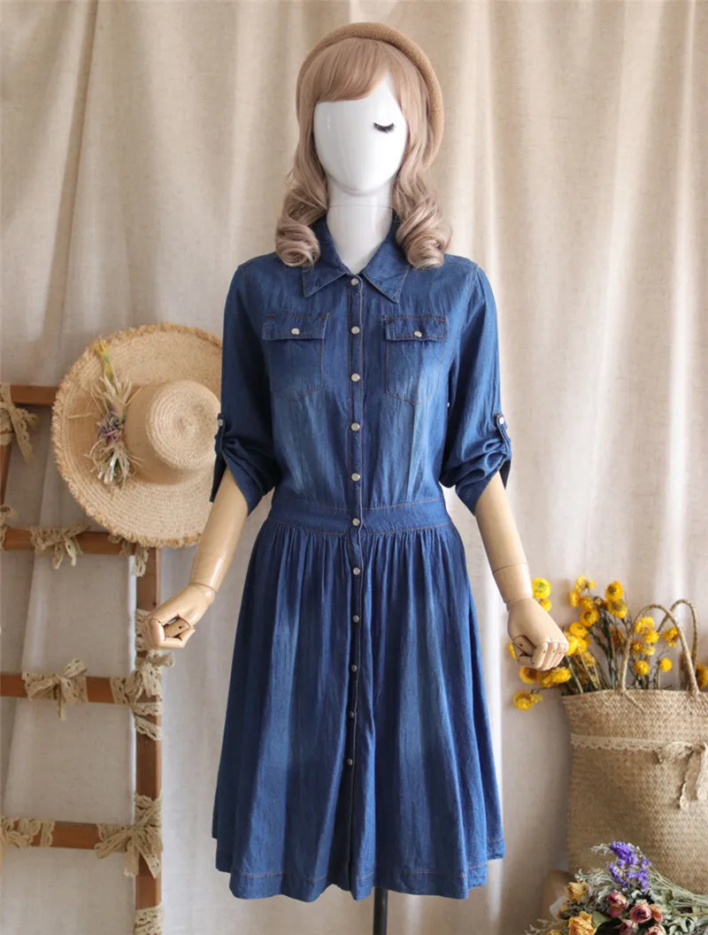 Платье-рубашка женское джинсовое модное элегантное приталенное Повседневное