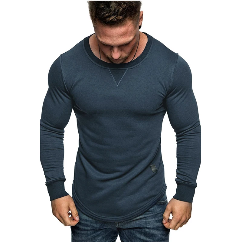 

2021 Men Solid Color Long Sleeve T-Shirt Casual Tops Breathable Fashion Gym Slim Sportswear Round Neck Stitching Personality