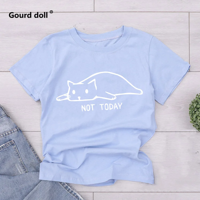 blue2 Футболка с надписью «Cat not today», Женская Повседневная забавная футболка для девушек, летняя футболка, kawaii tumblr, футболки размера плюс - Цвет: blue2