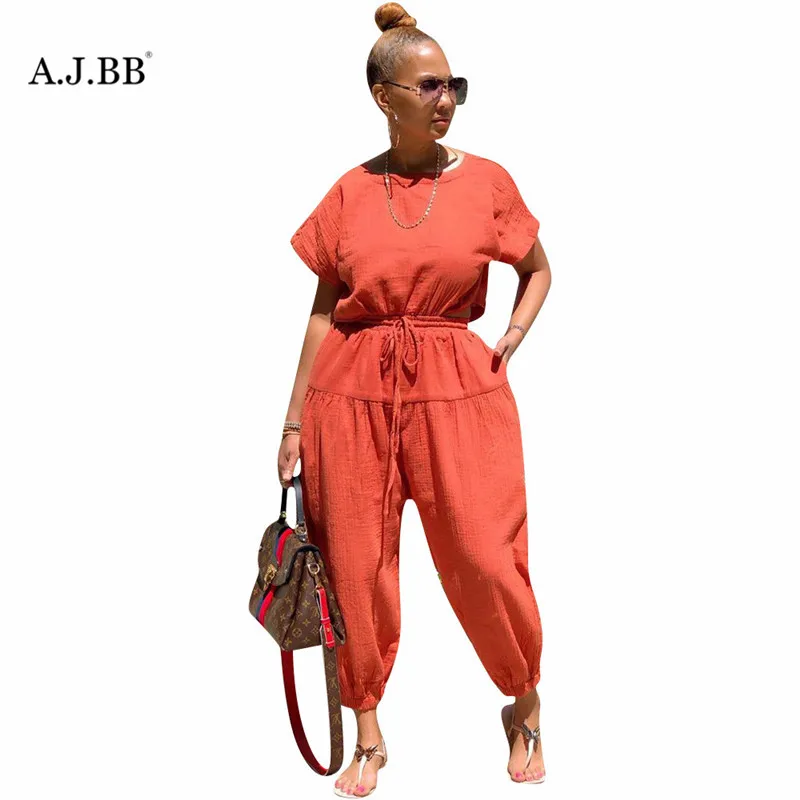 

New fashion loose solid color one-piece pants summer casual o-neck short sleeve women's shirt pants