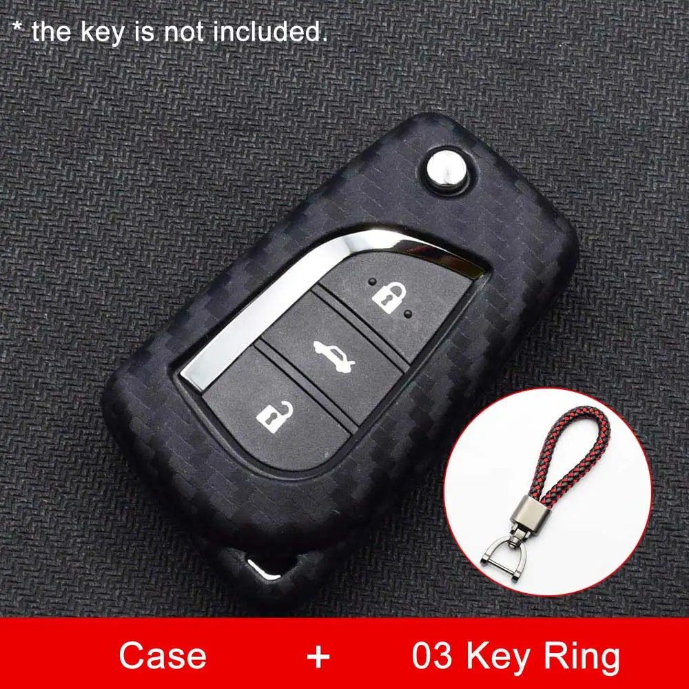Case and 03 Key Ring Карбоновый силиконовый чехол для ключей от машины для Toyota Yaris Reiz Carola Rav4 2 3 кнопки складной пульт дистанционного управления брелок Защитная крышка брелок держатель сумка - Название цвета: Case and 03 Key Ring
