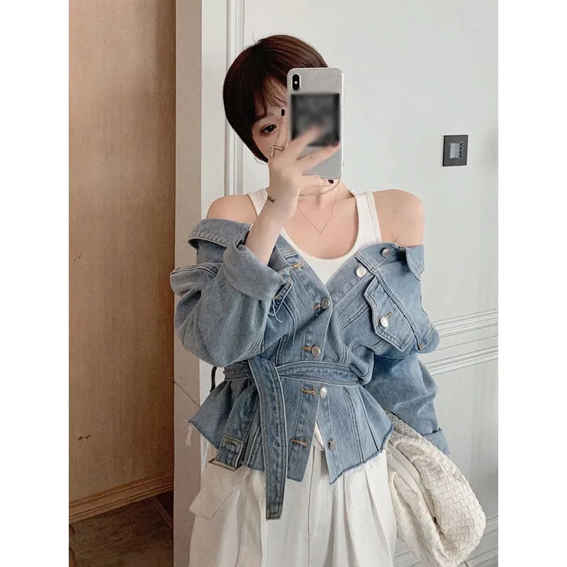 Сексуальная джинсовая куртка с открытыми плечами корейский стиль женское