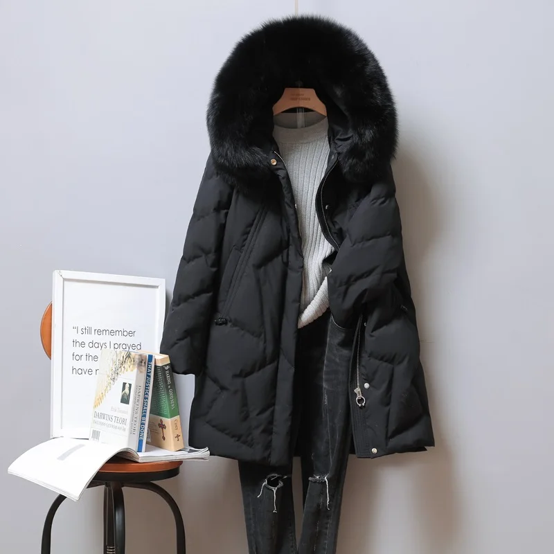 

Women Down Jacket Winter Warm Hooded Real Fur Parkas Coats Pleated Office Lady White Duck Down Coats Outerwear Overcoats ZYF0013