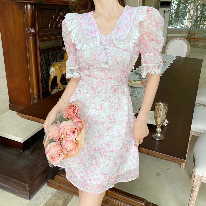 

2021 Summer Chiffon Painting Printed Women Mini Dress Lace Peter Pan Collar Puff Sleeve Sweet Fashion Dresses Korean INS Vestido