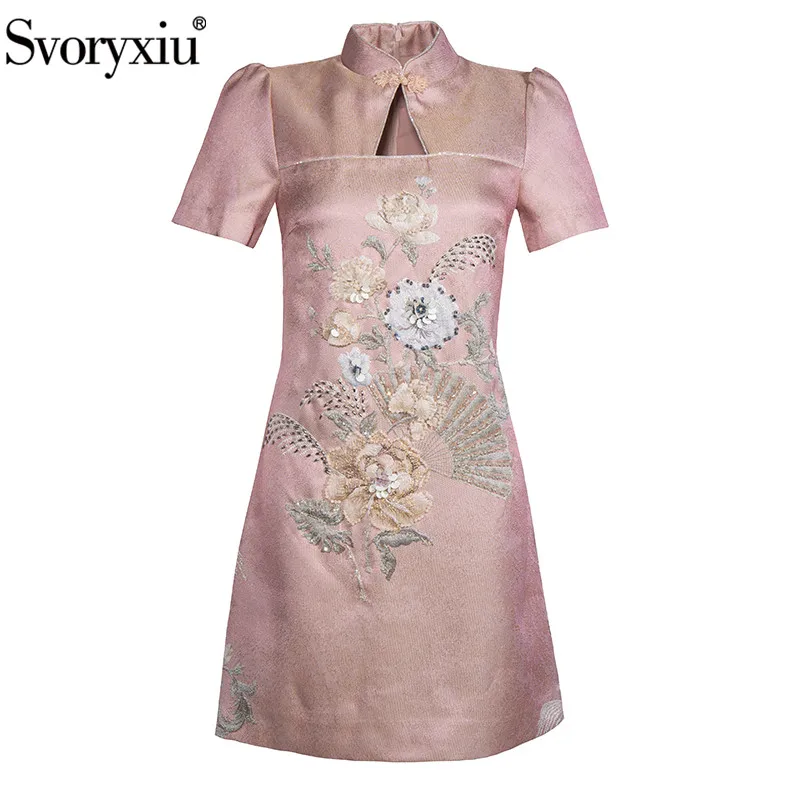 

Женское жаккардовое мини-платье Svoryxiu, Белое Облегающее платье с воротником-стойкой, короткими рукавами, цветочным принтом и бисером на лето...