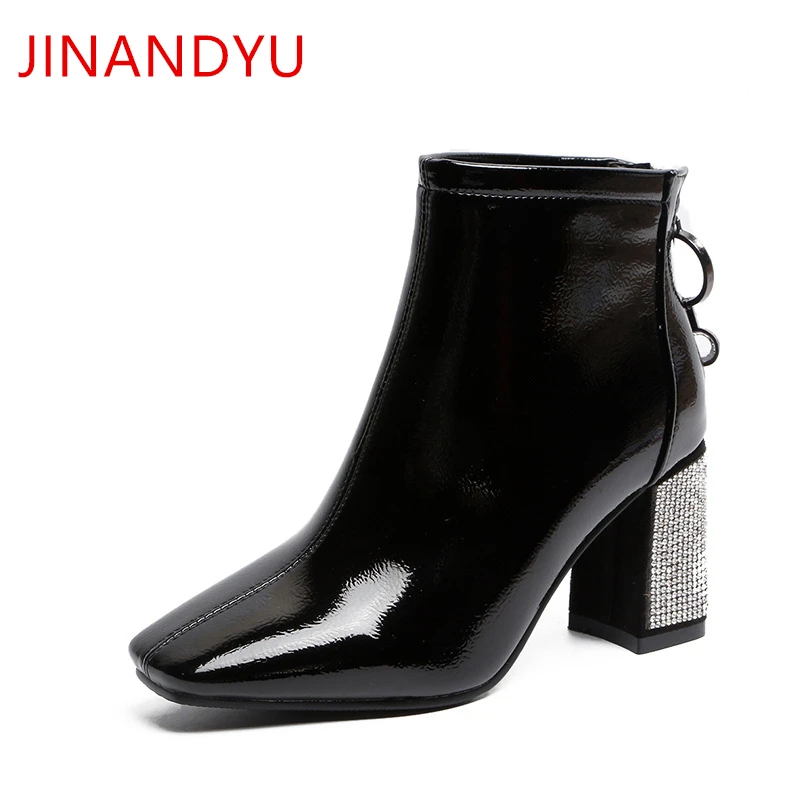 Crystal Square Toe Chunky High Heels Boots Women Shoes High Heel 7cm Ankle Boots for Women Autumn Winter Fashion Sexy Heels