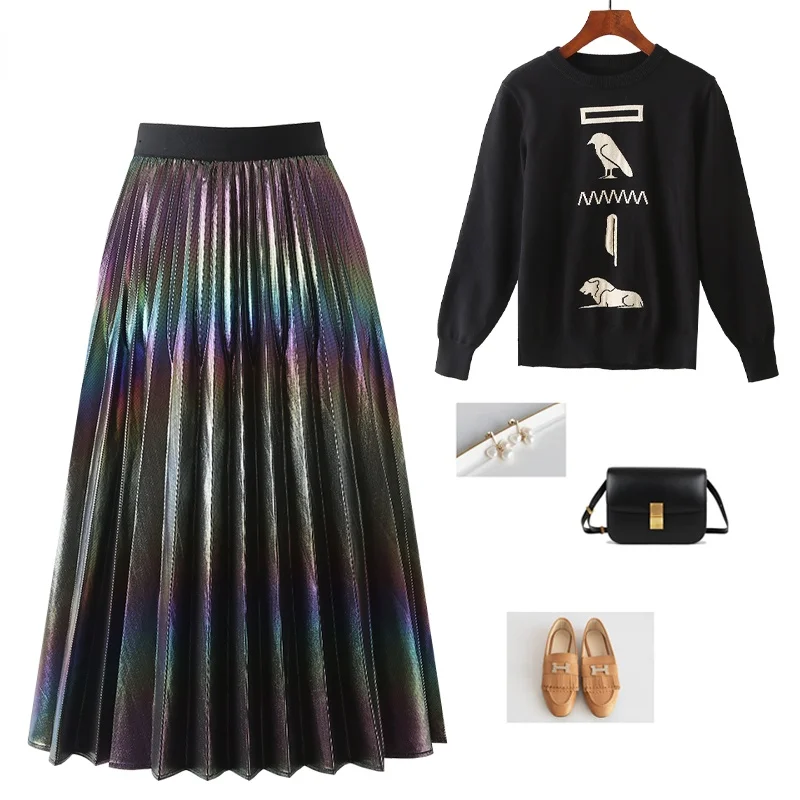 Юбка плиссированная с высокой талией блестящая металлическими блестками для