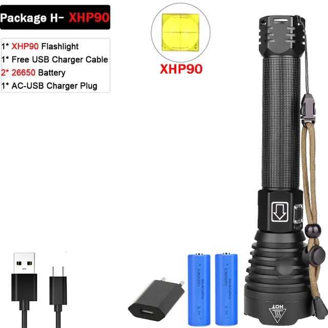 Package H Яркий XHP90 XHP70.2 перезаряжаемый светодиодный фонарик супер мощный фонарь Водонепроницаемый зум охотничий свет использовать 18650 или 26650 Battey - Испускаемый цвет: Package H