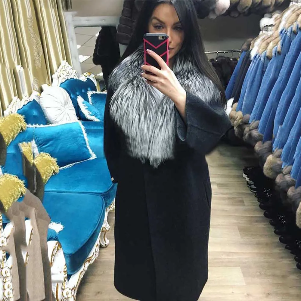 Черное Женское пальто с натуральным мехом роскошное шерстяное кожаное теплое пальто с толстым воротником из меха серебристой лисы Кашемирового размера плюс повседневное