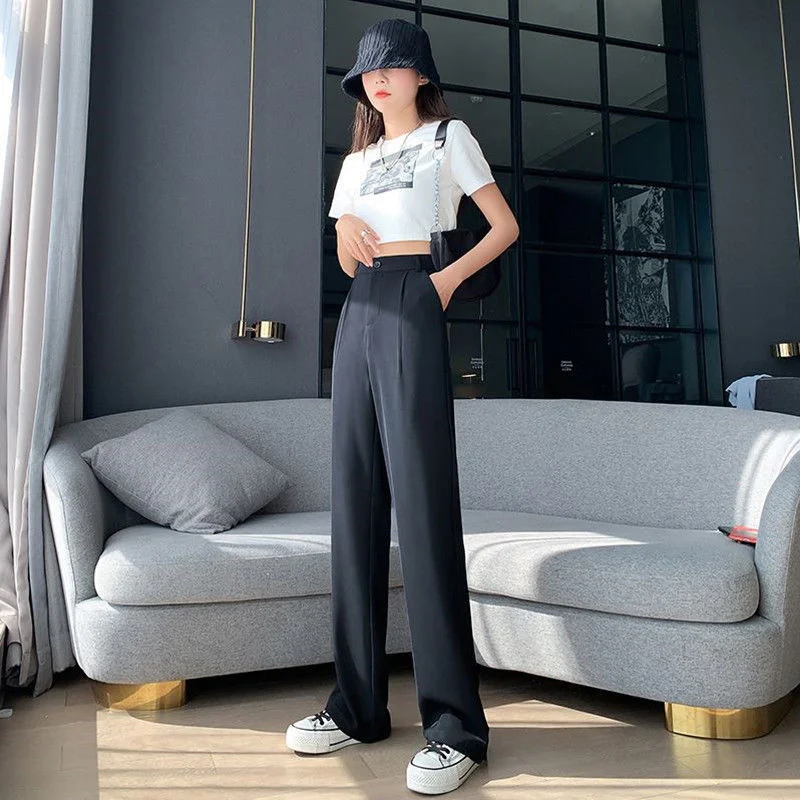 

High Waist Women's Pants 2021 Autumn New Solid Pocket Buttons Loose Straight-leg Pants Casual Wide Legs Long Pants Suits