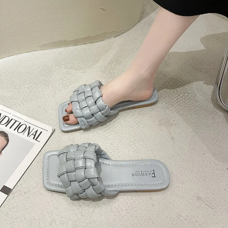 

2021 Summer New Style Braided A Word Outside Wear Square Head Korean Version Web Celebrity Versatile Flat Slippers Female