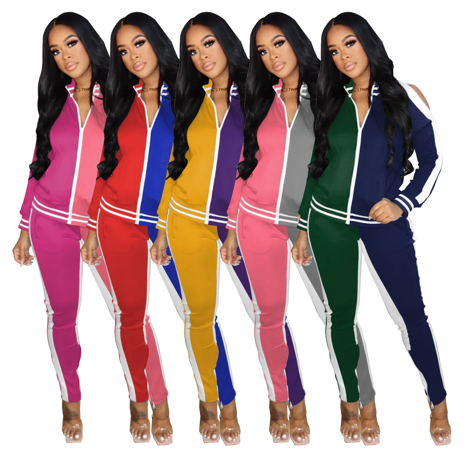 

Oluolin Autumn Women's Fashion Contrast Color Off Shoulder Two-piece Solid Stitching Stretch Zipper Jacket Long Pants Sportswear