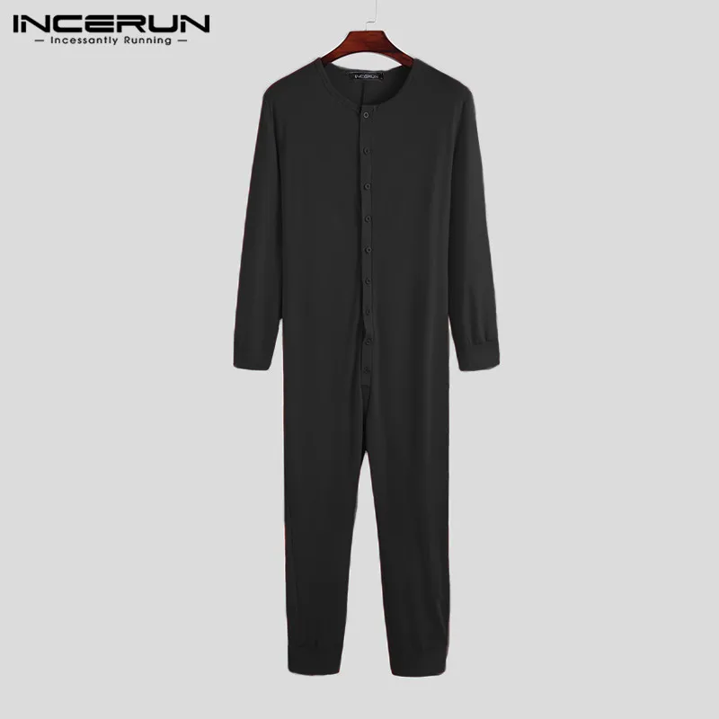 INCERUN Men Pajamas Jumpsuit Homewear Solid Color Long Sleeve Comfortable Button Leisure Sleepwear Men Rompers Nightwear S-5XL 7