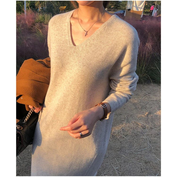 

Light luxury Korean V-neck medium length cashmere sweater skirt for women loose knee Pullover dress wool knitting