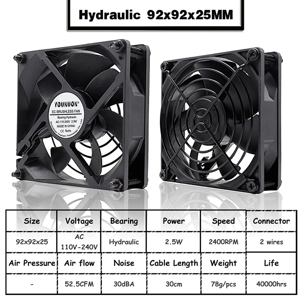 Fluid 92X92X25MM YOUNUON 60 мм, 80 мм, 90 мм 120 мм EC бесщеточный вентилятор AC 110V 115V 120V 220V 240V осевой вентилятор с Srews/гриль 6025 8025 9225 12025 12038 - Цвет лезвия: Fluid 92X92X25MM