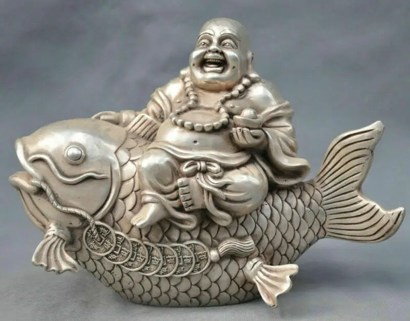 

China Silver Bronze Happy Maitreya Buddha Monk Ride Fish Statue Statues for Decoration Collection Ornaments Figurines Mascot