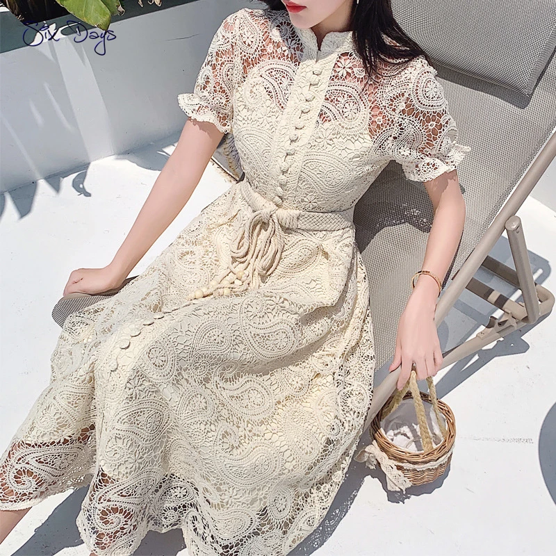 

Women Slim Standing Collar Lantern Short Sleeve Crochet Lace Hollowed Out Dress