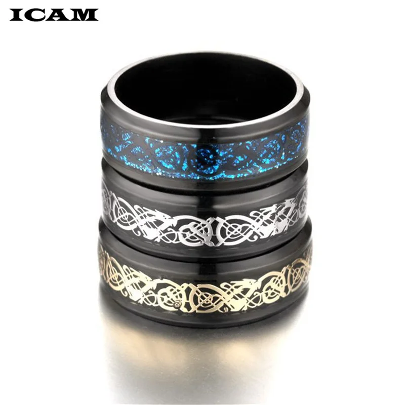ICAM мужское кольцо голубое золотистое углеродное волокно черный дракон