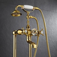 gold bathtub shower faucet set soild brass bathroom hot cold tap mixer crane floor standing type with handheld double handle