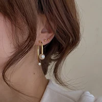 minimalist simulated pearl zirconia dangle earrings for women girls gold color metal geometric earrings accessories