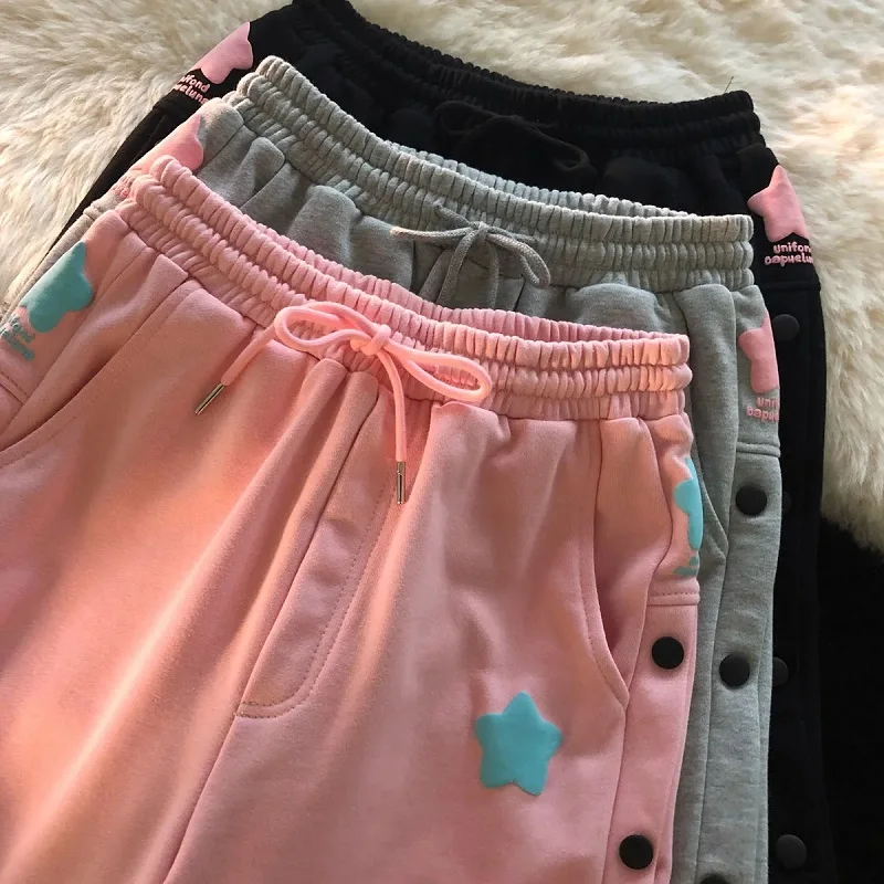 

Summer Pink Side Button High Waisted Cartoon Y2k Casual Shorts Wide Leg Loose Short Women pocket Kawaii pants size clothes punk