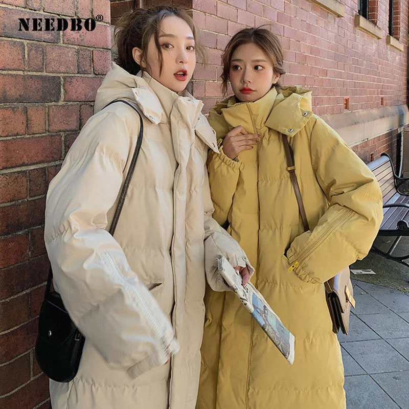 Winter New Korean Style Long Cotton Padded Coat Women's Casual Stand-up Collar Oversize Long Warm Jacket Women Fashionable