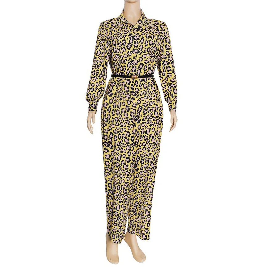 African Leopard Jumpsuits Long Sleeve Turn Down Collar High Wait Elegant Work Business Office Rompers Jumpsuits With Belt 2020